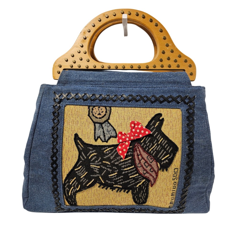 Vintage Denim Scottie Dog Tapestry Handbag Wooden Handle Beaded Terrier Bag